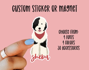 Cadeau personnalisé Sheepadoodle autocollant ou aimant, autocollant chien personnalisé, aimant chien, cadeau pour amoureux des chiens, amovible, autocollant pour ordinateur portable, résistant à l'eau