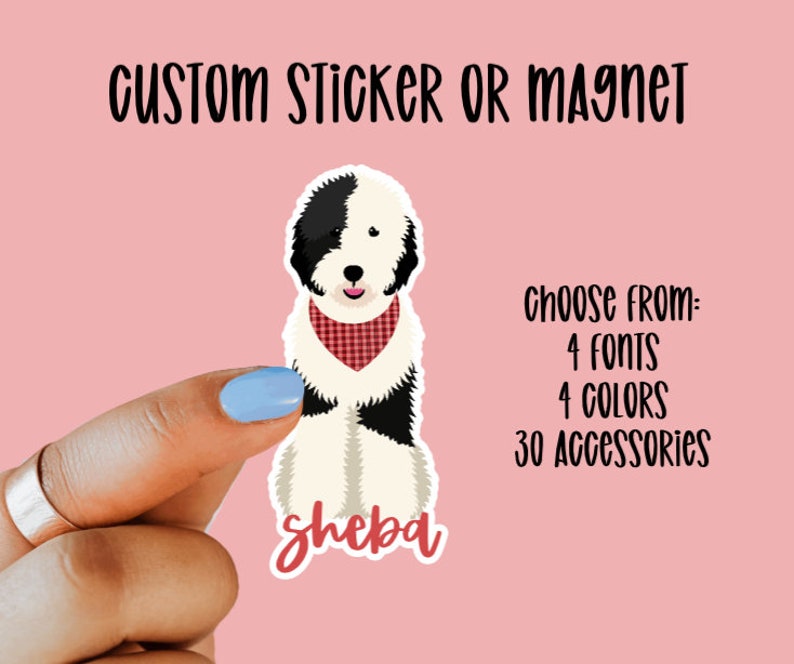 Custom Sheepadoodle gift Sticker or Magnet, Custom Dog Sticker, Dog Magnet, Gift for Dog Lover, Removable, Laptop Sticker, Water Resistant image 1