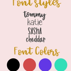 May include: A graphic showing different font styles and colors. The font styles are "tommy", "katie", "SASHA", and "cheddar". The font colors are black, red, blurple, and teal.