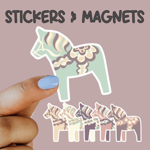 Dala Horse Vinyl Stickers, Dala Horse Magnets, Weatherproof, Dishwasher proof, Laptop Stickers