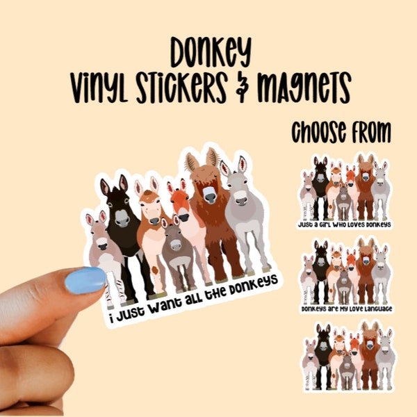 Cute Donkey Stickers and Magnets | Vinyl Stickers | Waterproof and Weatherproof