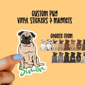 Custom Pug Vinyl Stickers and Magnets | Black Pug, Merle Pug | Waterproof Vinyl Stickers | Pug gifts