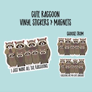 May include: A set of cute raccoon vinyl stickers and magnets. The stickers feature a group of raccoons with the text "I just want all the raccoons". The magnets feature a smaller group of raccoons with the text "Raccoons are my love language".