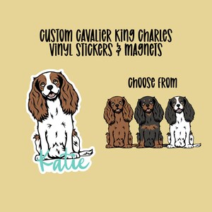 May include: Custom Cavalier King Charles Spaniel vinyl stickers and magnets. Choose from three different color variations of the dog. The sticker shown has the name "Katie" written in teal.