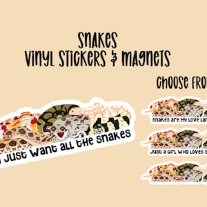 May include: A set of vinyl stickers and magnets featuring a group of colorful snakes with the text "i Just want all the snakes", "snakes are MY LOVE LANGuage", and "Just a Girl WHO LOVES snakes".