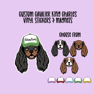 May include: Custom Cavalier King Charles Spaniel vinyl stickers and magnets. Choose from black and brown dog illustrations. The stickers feature a green, red, blue, yellow, or light blue baseball cap with a blank space for a name. The example sticker has the name "Winston" on it.