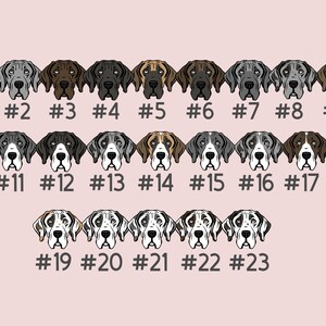 K&ouml;nnte beinhalten: Eine Reihe von 23 Illustrationen von Doggenk&ouml;pfen in verschiedenen Graut&ouml;nen, Braun- und Schwarzt&ouml;nen. Die Illustrationen sind von 1 bis 23 nummeriert.