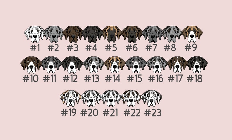 K&ouml;nnte beinhalten: Eine Reihe von 23 Illustrationen von Doggenk&ouml;pfen in verschiedenen Graut&ouml;nen, Braun- und Schwarzt&ouml;nen. Die Illustrationen sind von 1 bis 23 nummeriert.
