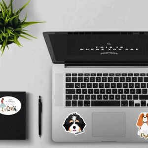 K&ouml;nnte beinhalten: Ein Laptop mit einem schwarzen Bildschirm, auf dem "This is where you are" steht, und einer wei&szlig;en Tastatur. Auf dem Laptop befinden sich drei Aufkleber, einer mit einer Cartoon-Darstellung einer Frau mit einem Hund, einer mit einer Cartoon-Darstellung eines Hundes namens Winston und einer mit einer Cartoon-Darstellung eines Hundes namens Dash.