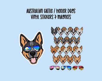 Custom Australian Cattle Dog, Blue Heeler, Red Heeler Vinyl Stickers and Magnets, Laptop Sticker, Cute Heeler, Dogs with glasses, Dog gift