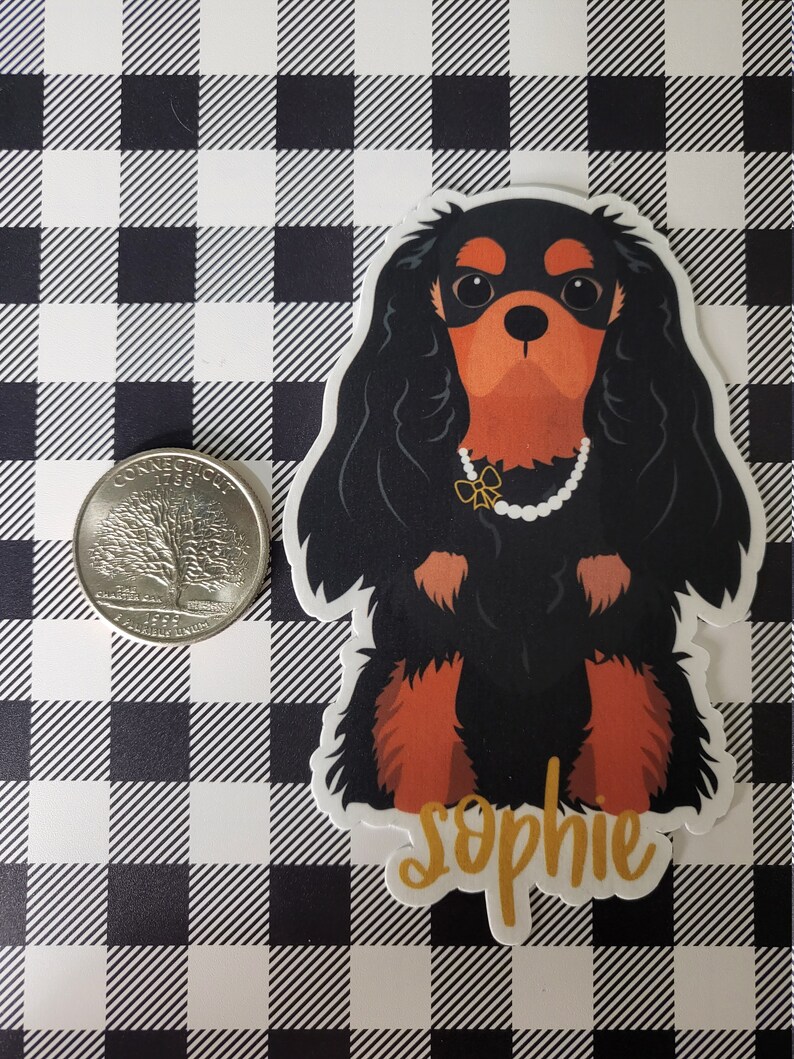 May include: A black and brown Cavalier King Charles Spaniel dog sticker with the name "Sophie" written in gold lettering.