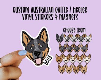 Custom Australian Cattle Dog, Blue Heeler, Red Heeler Vinyl Stickers and Magnets
