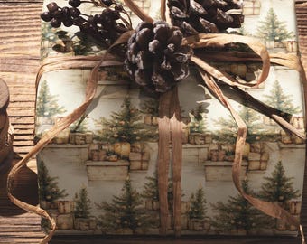 May include: A wrapped gift with a Christmas tree pattern, adorned with pine cones and brown ribbon. The gift is on a wooden surface, with spools of ribbon and scissors nearby, creating a festive holiday scene.