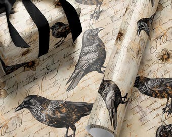 Black Bird Crow Wrapping Paper, Dark Bird Gift Wrap, Poetic Letter Background Wrapping Paper,Birthday Wrapping Paper,Dark Academia Gift Wrap