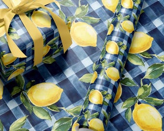 Lemon Wrapping Paper: Blue Gingham Mediterranean Gift Wrap