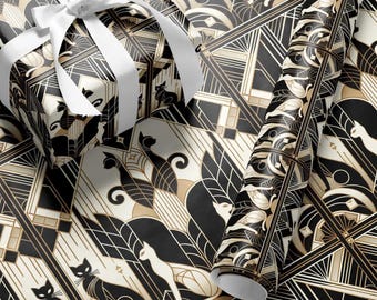 Papel de regalo Art Déco con diseño de gato negro: papel de regalo geométrico de lujo