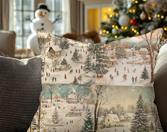 Funda de almohada con diseño de pueblo invernal, diseño vintage de esquiador con paisaje nevado navideño, decoración navideña para el hogar, patinaje sobre hielo, trineo, cubierto de nieve.