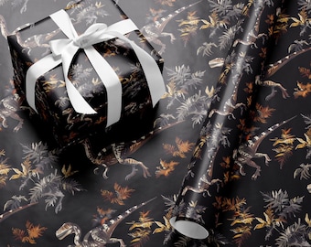 Dinosaur Wrapping Paper: Dark Jurassic Raptor Print, Eco-Friendly Gift Wrap