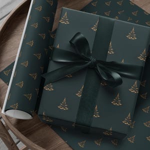 Dark Green Gold Gift Wrapping Paper, Minimalist Christmas Gift Wrap Paper, Holiday Gift Wrap, Christmas Tree Gift Wrap, Seasonal Gift Wrap