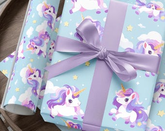 Papel de regalo de unicornio, estampado de unicornios felices, baby shower, cumpleaños, Navidad, manualidades, decoración, bricolaje.