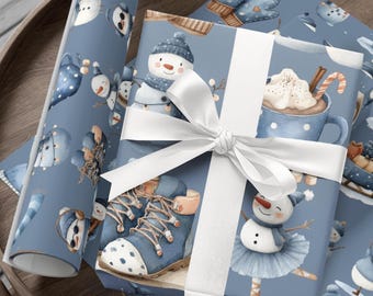 Snowmen Gift Wrap Paper Roll, Christmas Winter Wrapping Paper, Holiday Gift Wrap, Festive Gift Wrap, Cozy Snowman Gift Wrap, Blue Snowman