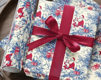 Papel de regalo navideño vintage con estampado de Papá Noel en rojo y azul
