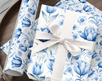 Inpakpapier blauwe tulp bloemen: elegant Delfts tegelontwerp