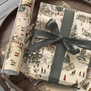 Papier cadeau de Noël skieurs vintage, papier cadeau ski d'hiver nostalgique, papier cadeau de Noël au pays des merveilles d'hiver, scène de village vintage