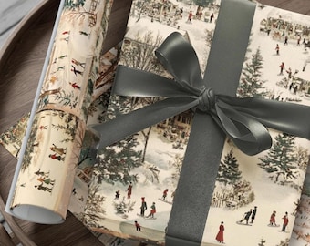 Papel de embrulho de Natal para esquiadores vintage, papel de embrulho nostálgico para esqui de inverno, papel de embrulho para presente de Natal com tema de país das maravilhas do inverno, cena de vila vintage