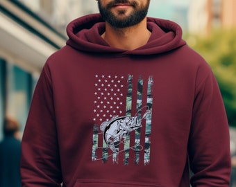 Bass Fishing Hoodie: Camo Flag Angler Gift
