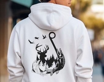 Moletom com Capuz de Pescador: Estampa Gráfica de Caça e Atividades ao Ar Livre