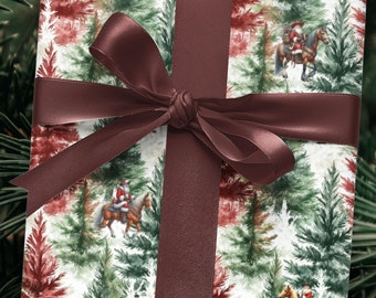 Papel de regalo de Papá Noel del Oeste, papel de regalo de Papá Noel vaquero montando a caballo, papel de regalo navideño de bosque perenne, Papá Noel a caballo