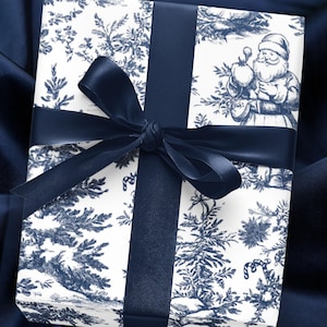 Vintage Blue Santa Toile Gift Wrap: Christmas Illustration