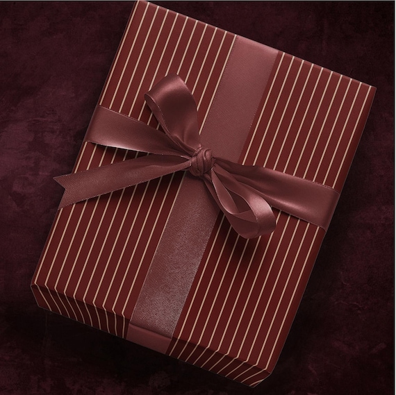 Dark Burgundy Wrapping Paper Roll,  Striped Classic Fall Gift Wrap, Birthday Gift Wrap, Christmas Wrapping Paper,Matte Gold Stripe Gift Wrap