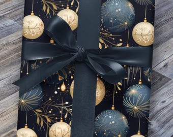 May include: A black gift box with a navy blue and gold Christmas ornament pattern. The box is tied with a black satin ribbon.