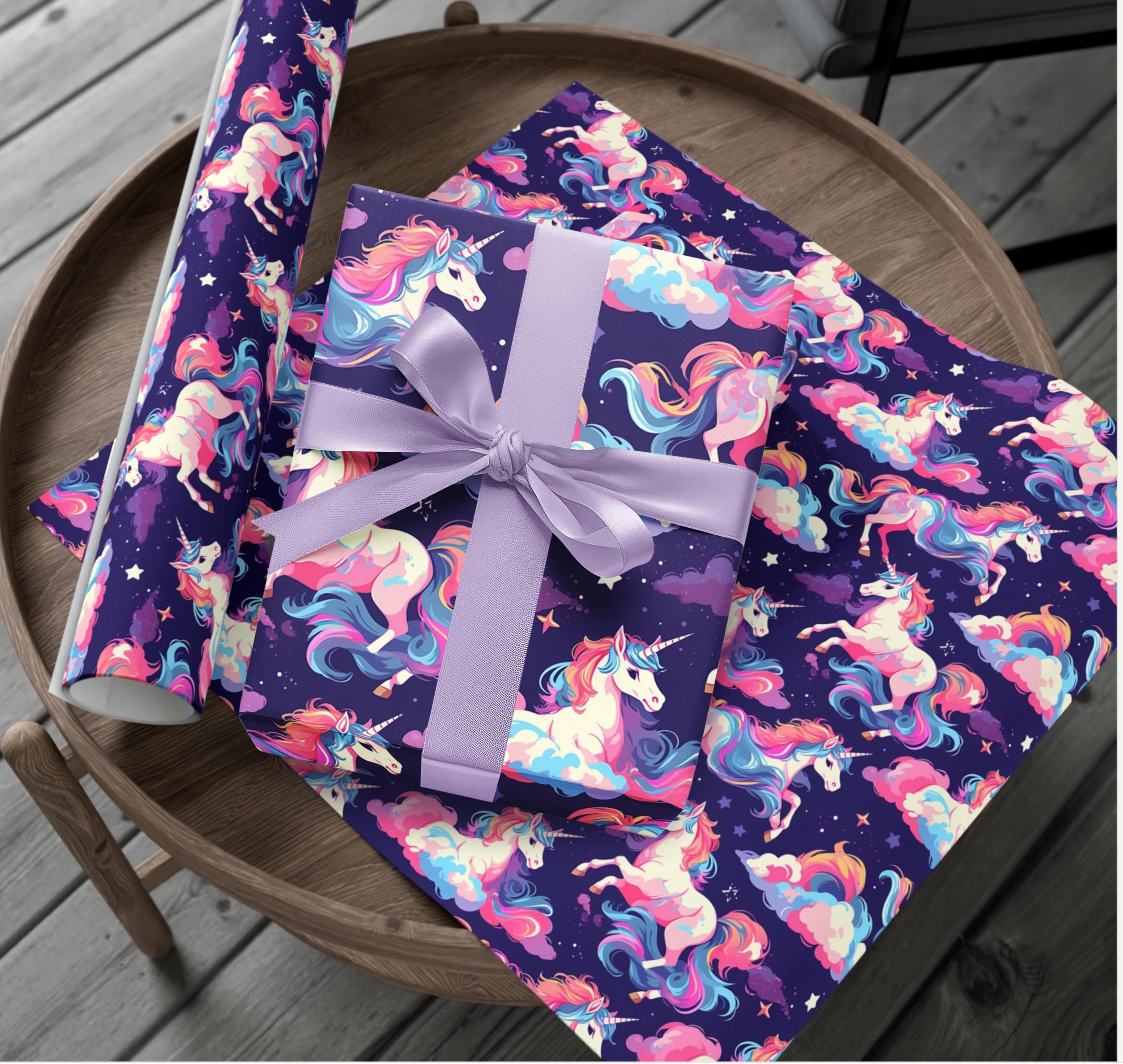 Nezyo Lot 6 Feuilles Papier Cadeau Licorne Rose 70x50 Cm + 6 Nœuds Ruban – Emballage Anniversaire Fille Enfant, Thème Licorne Magique