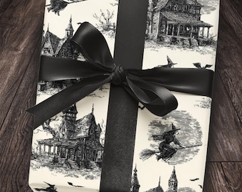 Papel de regalo de Halloween, diseño de casas embrujadas espeluznantes en blanco y negro, rollo de papel de regalo de bruja, luna y murciélago, embalaje de Halloween,