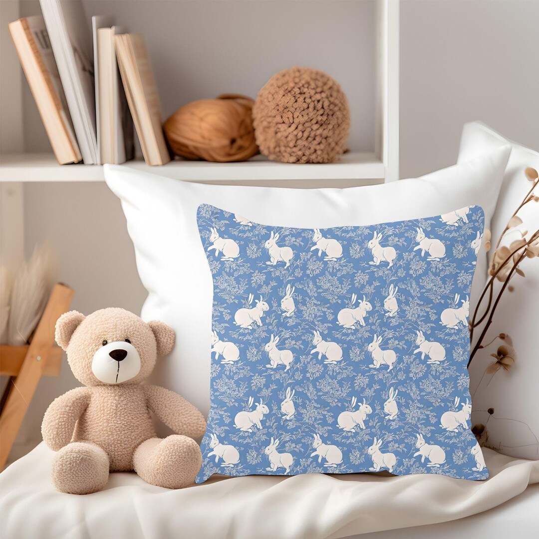 Bunny Illustration Pillow: Nostalgic Blue Nursery Decor - Etsy