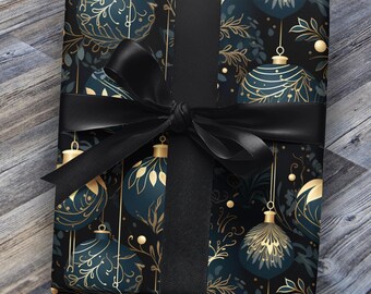 May include: Black gift wrap with a gold and teal pattern of Christmas ornaments. The wrapping paper has a black ribbon tied around it.