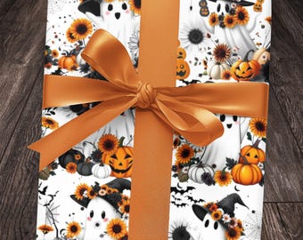 Halloween Gift Wrap Papers, Ghosts & Pumpkins Pattern for Spooky Celebration, Craft Paper Roll, DIY Party Decor, Orange Black Wrapping