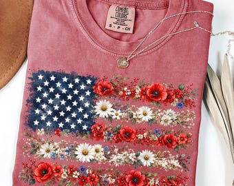 Floral American Flag T-shirt, Wildflower Poppy Daisy Patriotic Tee, Flower American Flag Shirt, Patriotic Floral Shirt