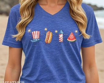 Patriotic Cartoon 4th of July Characters Tee, Cute Firecracker Hot Dog Watermelon Uncle Sam Hat, BBq Picnic Shirt
