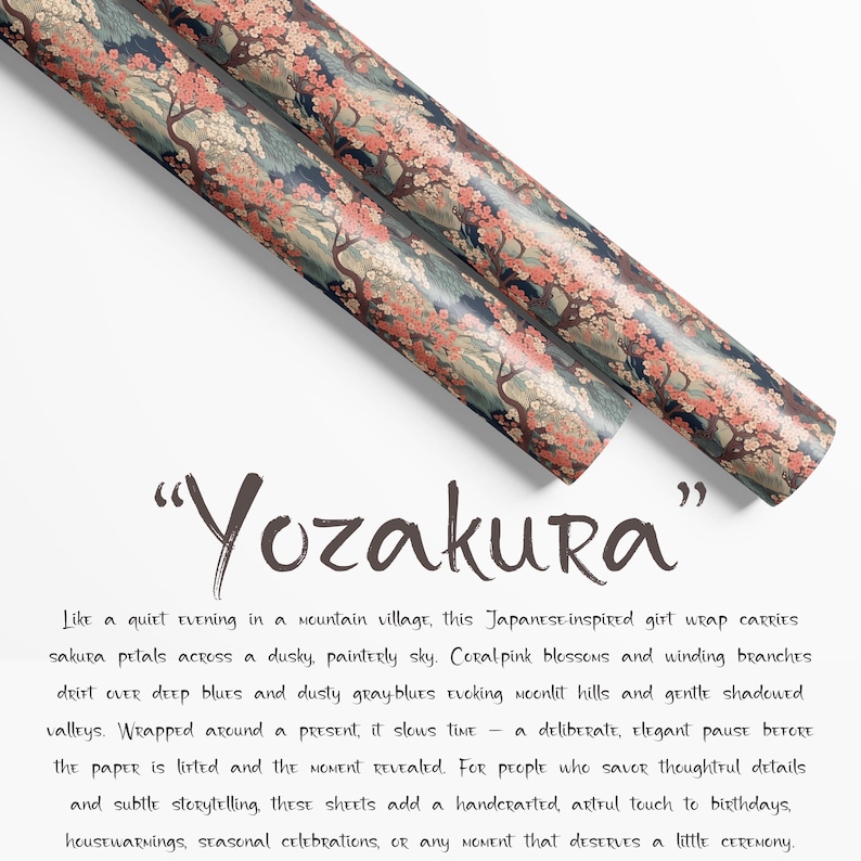 May include: Two rolls of gift wrap with a Japanese-inspired design. The paper features coral pink blossoms, winding branches, and a dusky sky. The word "Yozakura" is written in a stylized font.