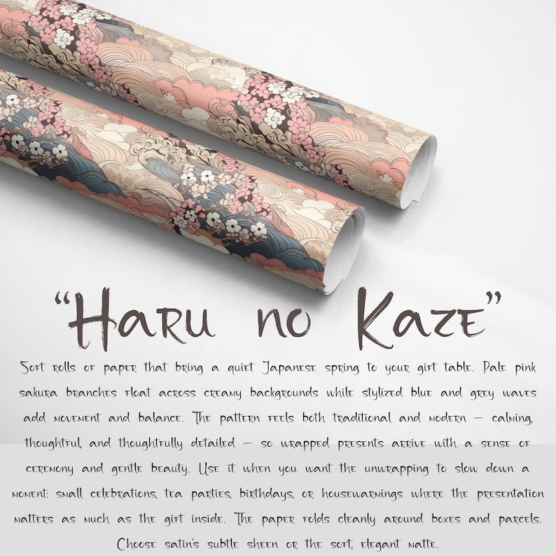 May include: Two rolls of decorative wrapping paper with a Japanese-inspired design. The paper features pale pink cherry blossom branches, stylized blue and grey waves, and the text "Haru no Kaze".