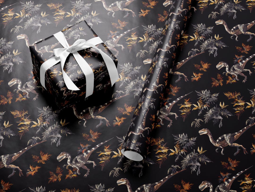 Dinosaur Wrapping Paper: Dark Jurassic Raptor Print, Eco-friendly Gift ...