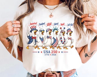 Patriotic Goose 250th Anniversary Tee, 4th Of July Birthday Shirt, USA Geese Lineup, Independence Day
