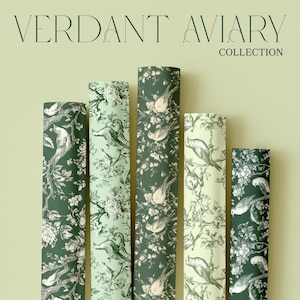 Verdant  Aviary Pattern Gift Wrap Papers, Delicate Floral Wrapping Paper, Toile de Jouy Bird Pattern, Green Toile Holiday