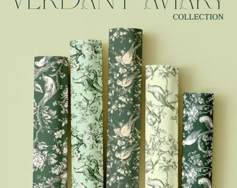 Verdant  Aviary Pattern Gift Wrap Papers, Delicate Floral Wrapping Paper, Toile de Jouy Bird Pattern, Green Toile Holiday