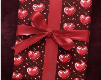 Papier cadeau cerises, rouleau de papier cadeau cerises en forme de coeur pour fêtes, anniversaires, anniversaires