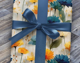 Floral Gift Wrap: Artistic Flower Design, Blue, Yellow, Orange